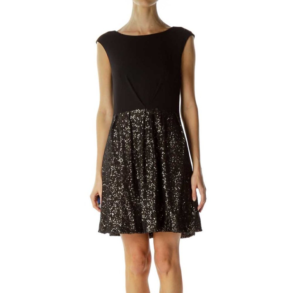 LAUNDRY by SHELLI SEGAL Black Gold Sequined Cocktail Dress